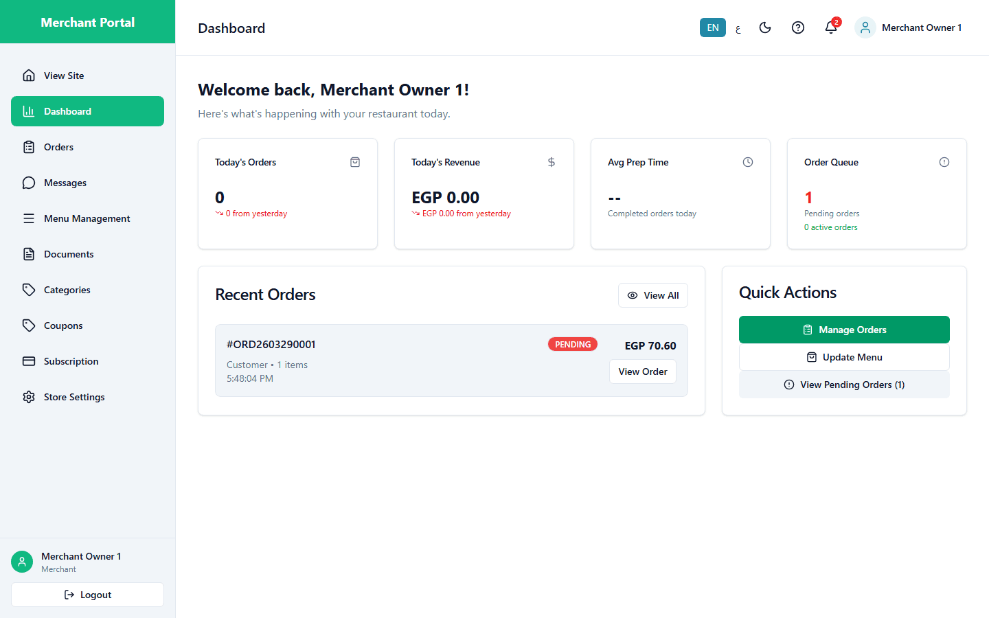 Merchant: the day at a glance, the menu, and the live order queue.