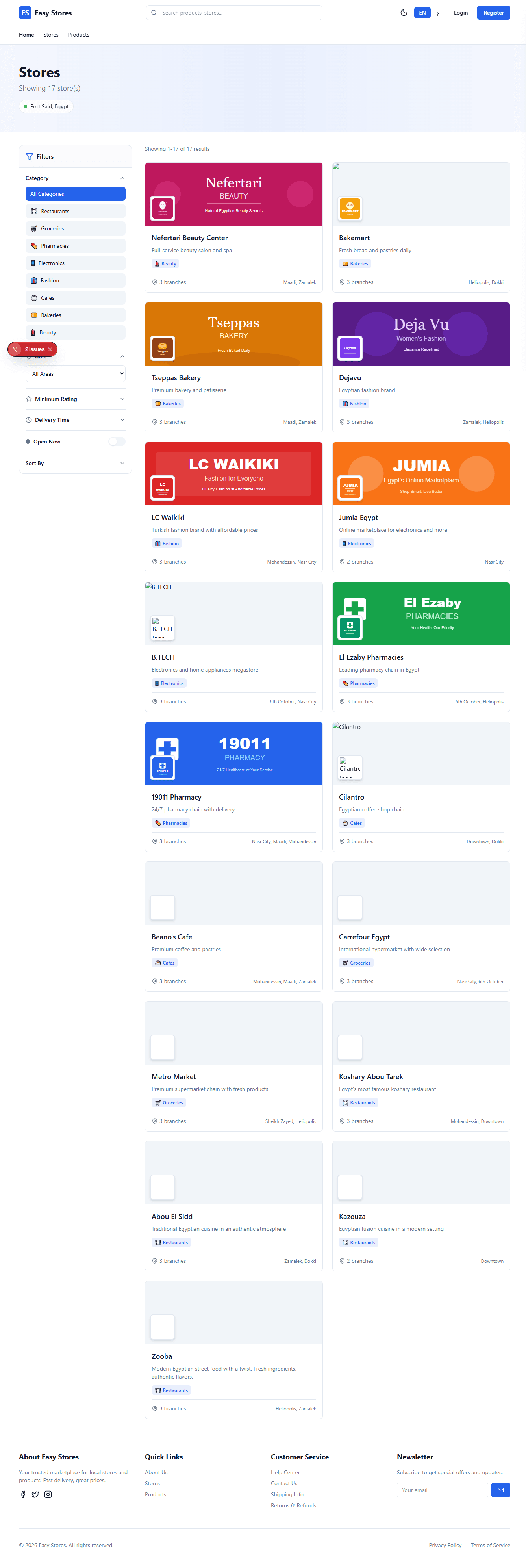 Browsing: the list of stores, one store’s menu, and the same journey on a phone.