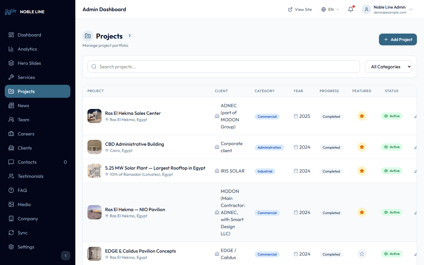 The dashboard, the project entries behind the portfolio, and the brand settings.